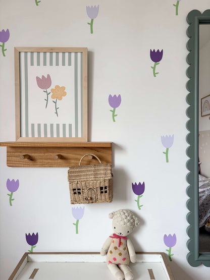 Purple tulip flower wall stickers in a gorgeous girls' bedroom with a striped floral nursery print.