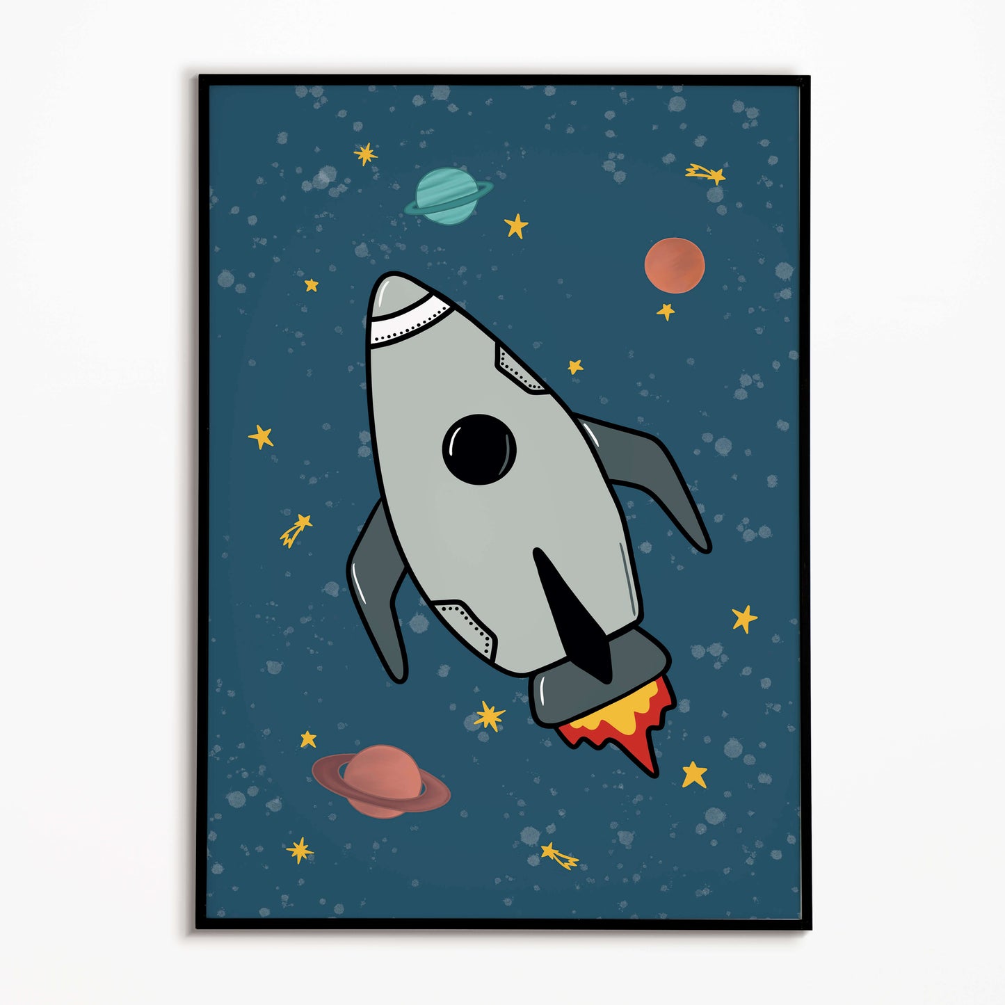 Framed artwork of a rocket ship in space with planets and stars on a blue background.