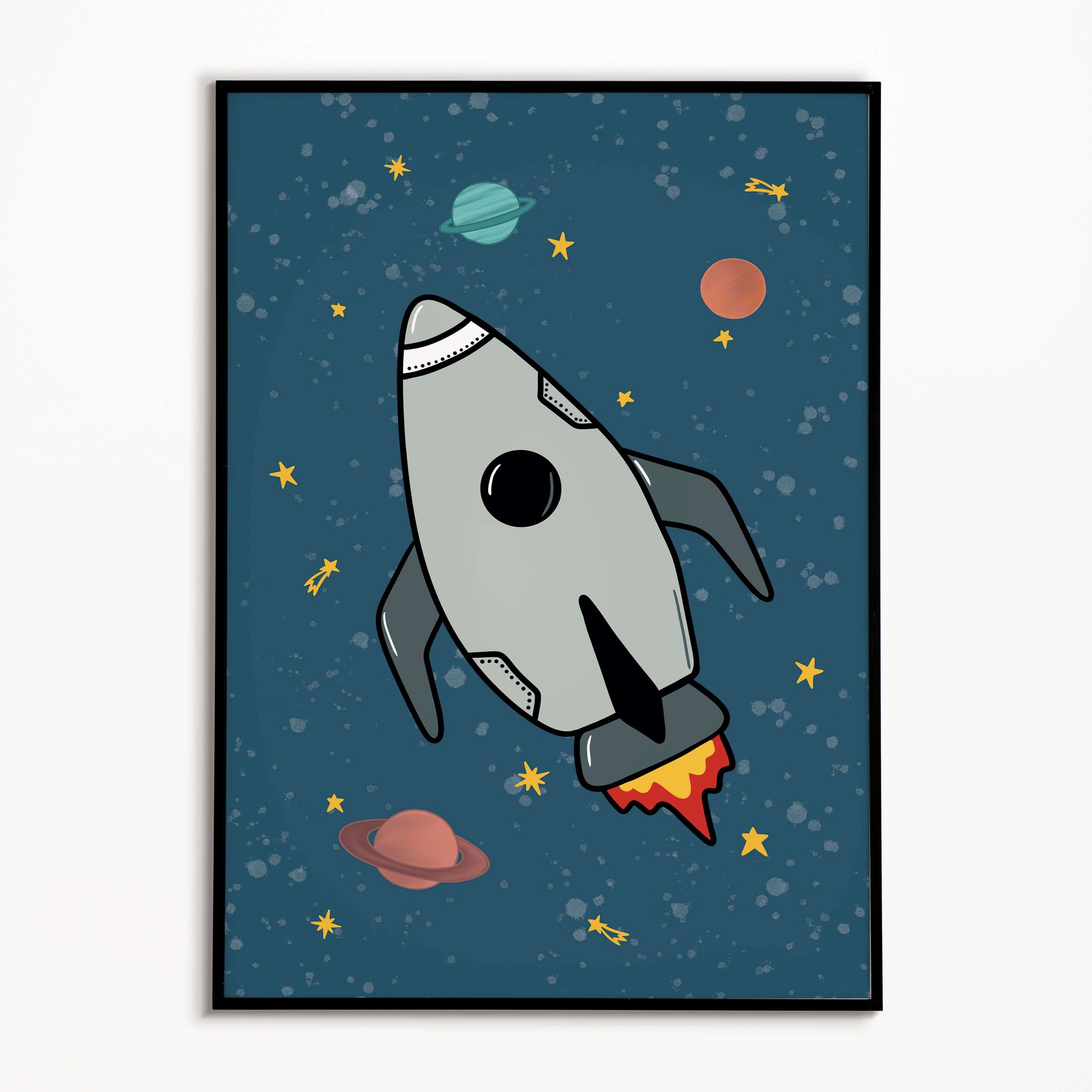 Framed artwork of a rocket ship in space with planets and stars on a blue background.