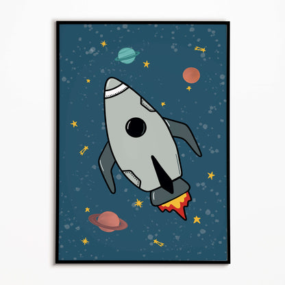 Framed artwork of a rocket ship in space with planets and stars on a blue background.