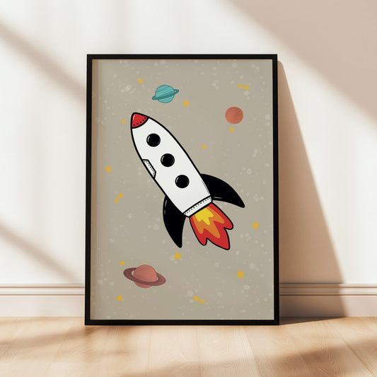 Framed kids' illustration of a rocket ship with stars and planets.