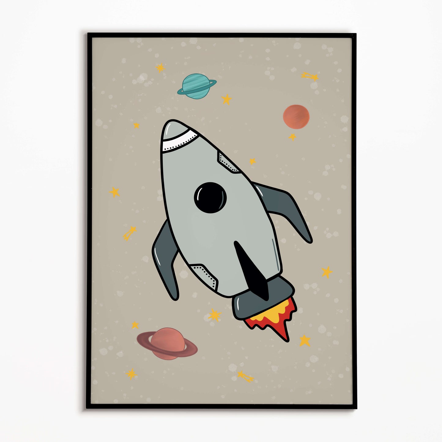 Framed artwork of a rocket ship illustration for kids on a beige background