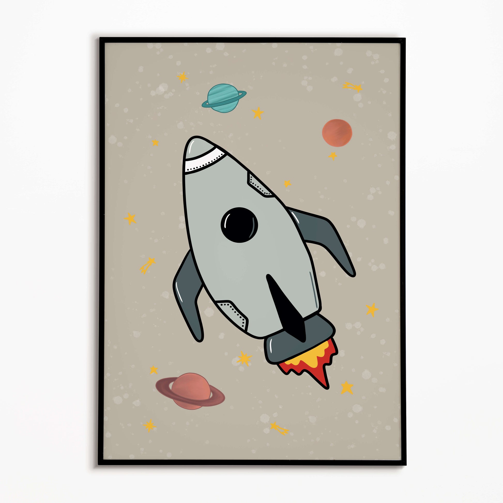 Framed artwork of a rocket ship illustration for kids on a beige background