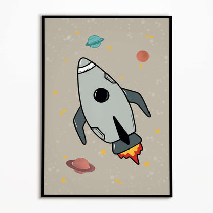 Framed artwork of a rocket ship illustration for kids on a beige background