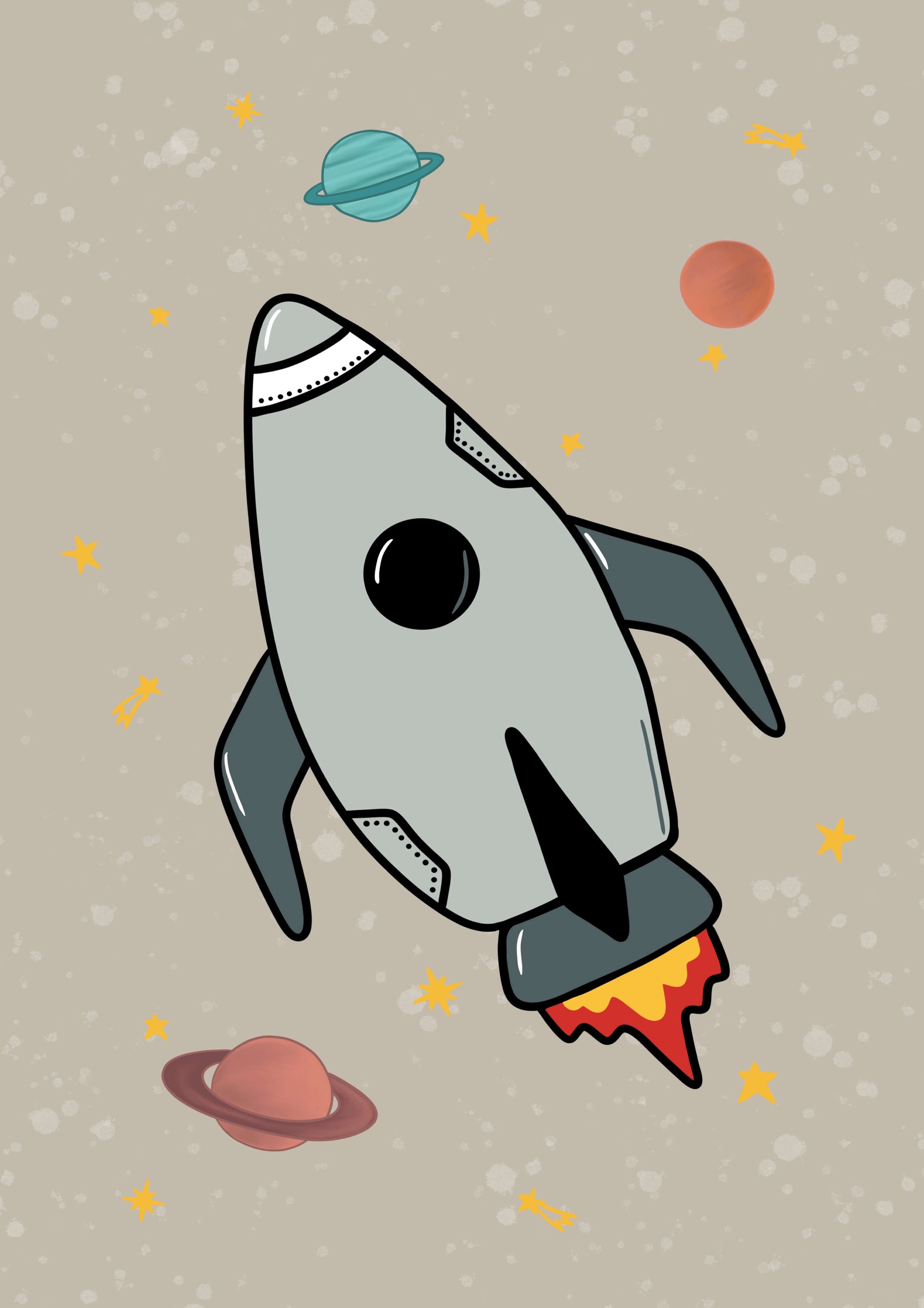 Illustration of a rocket ship in space with planets and stars for a boy nursery.