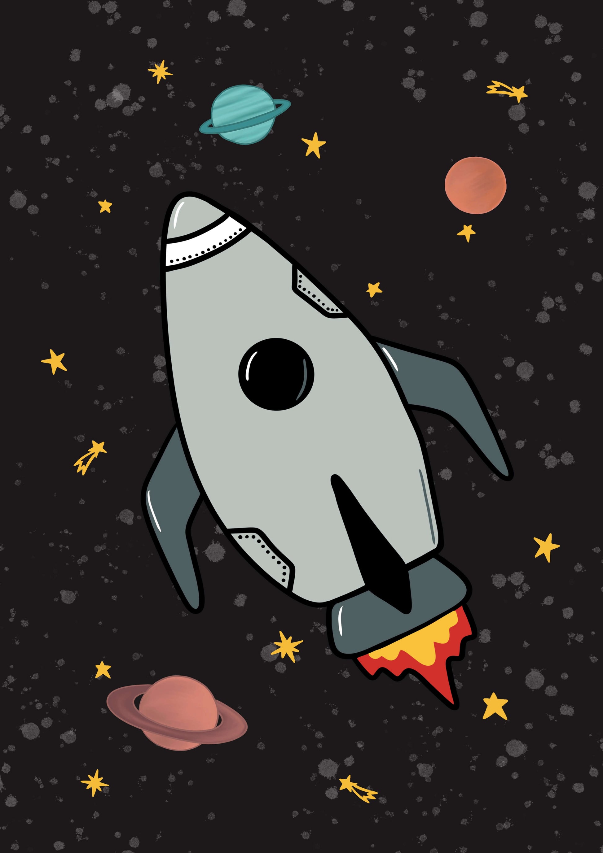 Children's space themed bedroom wall art design of a rocket ship in space with planets and stars on a dark background