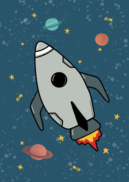 Illustration of a rocket ship in space with planets and stars on a blue background