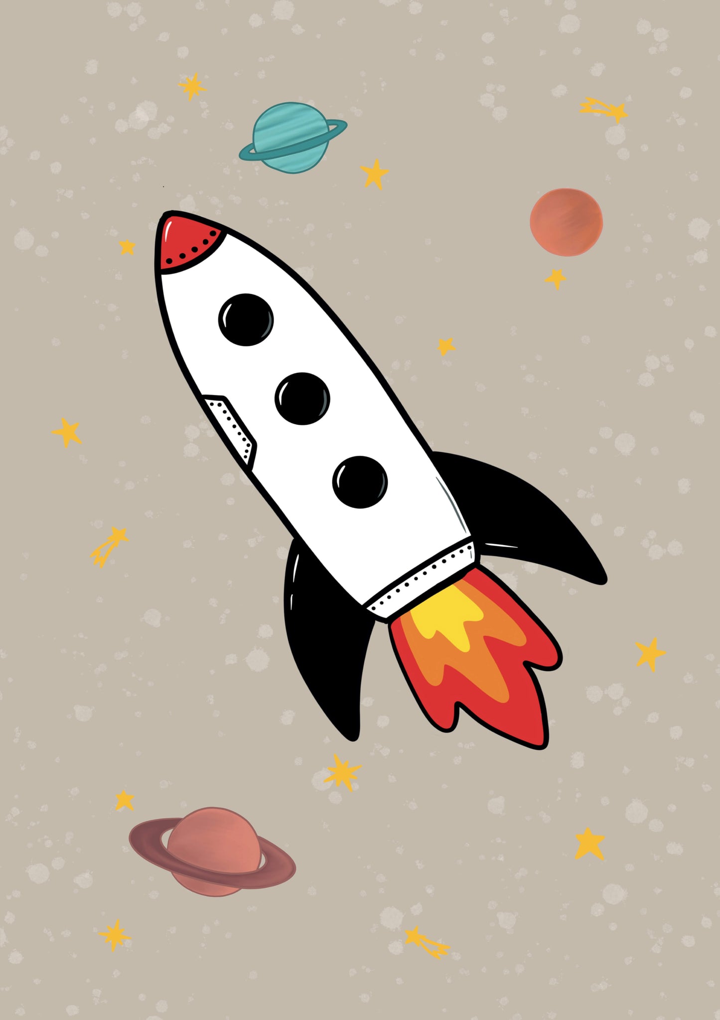 Illustration of a rocket ship with planets and stars on a beige background