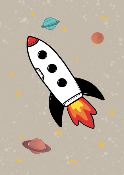 Illustration of a rocket ship with planets and stars on a beige background