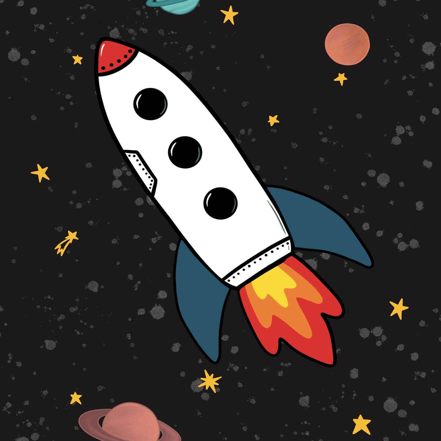 Illustration of a rocket ship in space with planets and stars on a dark background for boys bedrooms.
