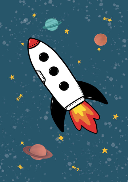 Illustration of a rocket ship in space with planets and stars on a blue background