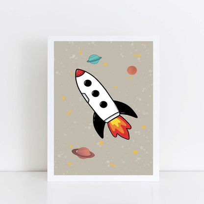 Framed artwork of a cartoon rocket ship on a beige background with planets and stars.