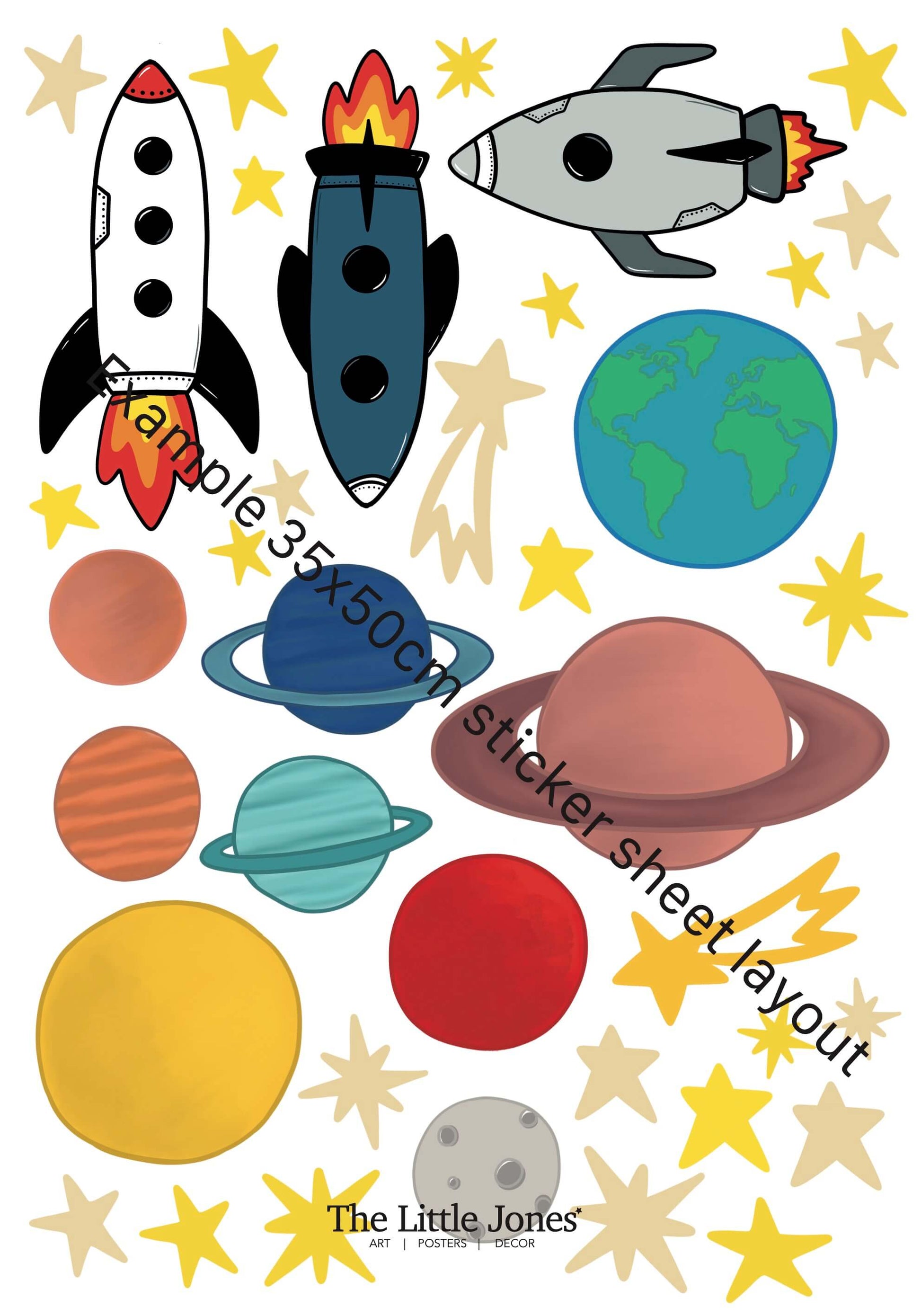 Sticker sheet layout with space-themed items including rockets, planets, and stars.