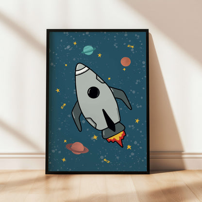 Framed kids' room artwork of a rocket ship on a space-themed background