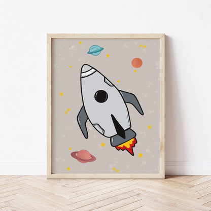 Framed artwork of a rocket ship with planets on a natural coloured background
