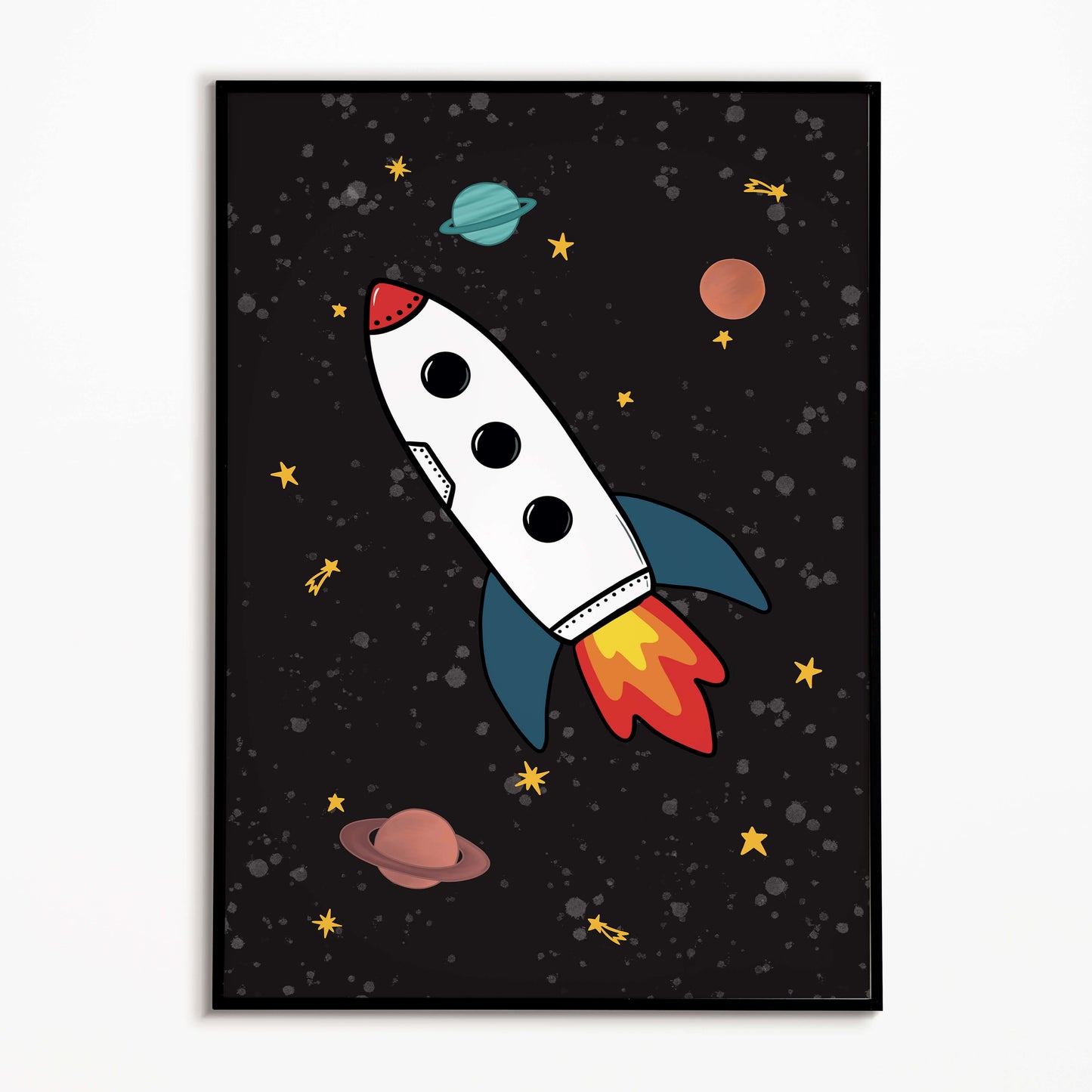 Illustration of a rocket ship in space with planets and stars on a dark background