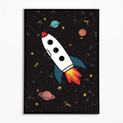 Illustration of a rocket ship in space with planets and stars on a dark background
