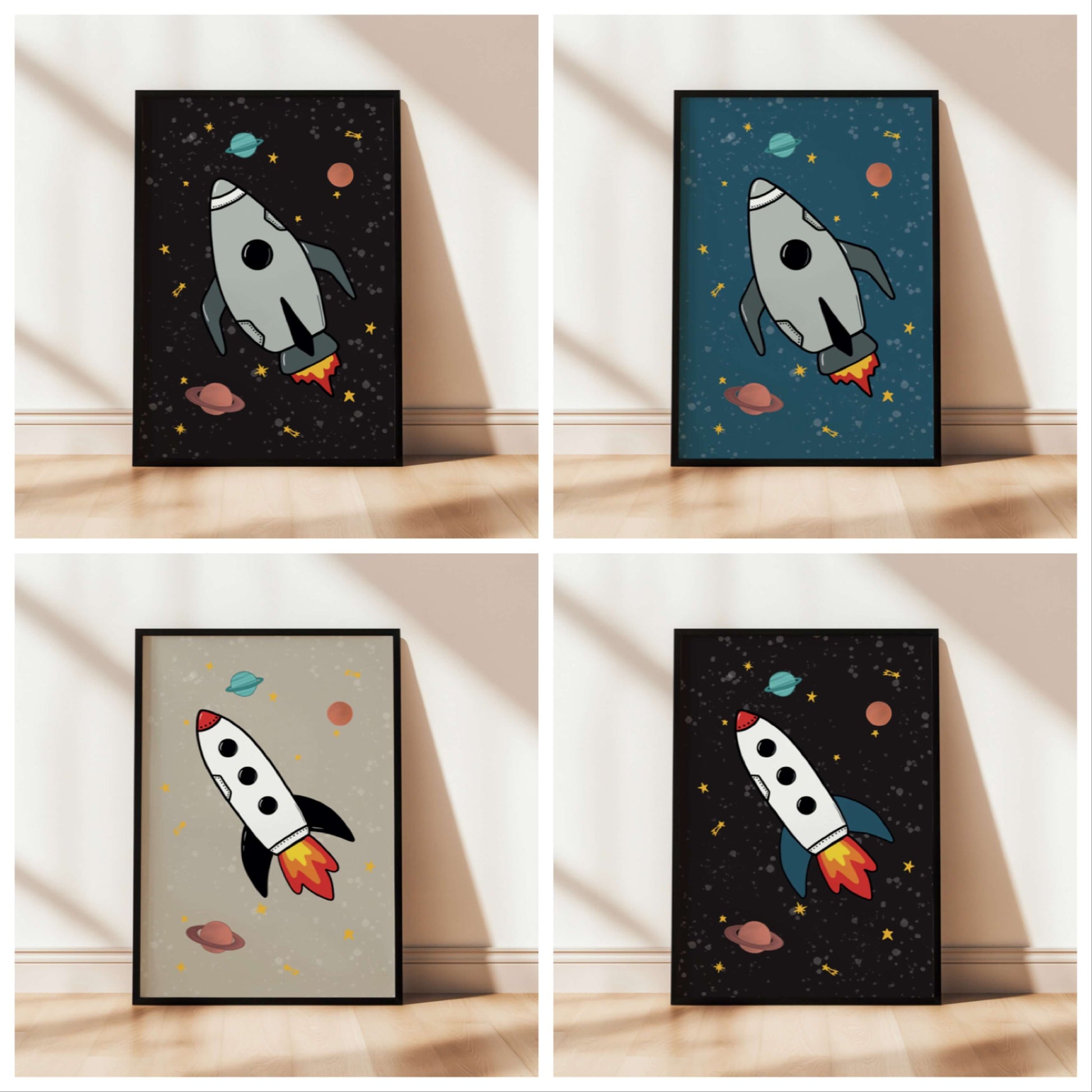 Four framed illustrations of rockets for a space themed boys' bedroom.