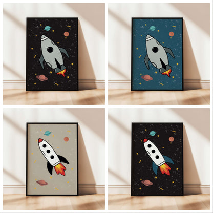 Four framed illustrations of rockets for a space themed boys' bedroom.