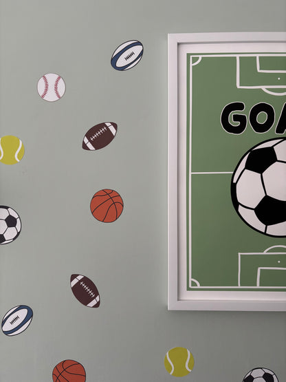 A set of sports themed wall stickers for boys' bedrooms with a football goal poster.