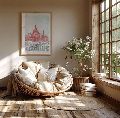 Cozy living room with a round wicker chair, framed artwork, and a plant.