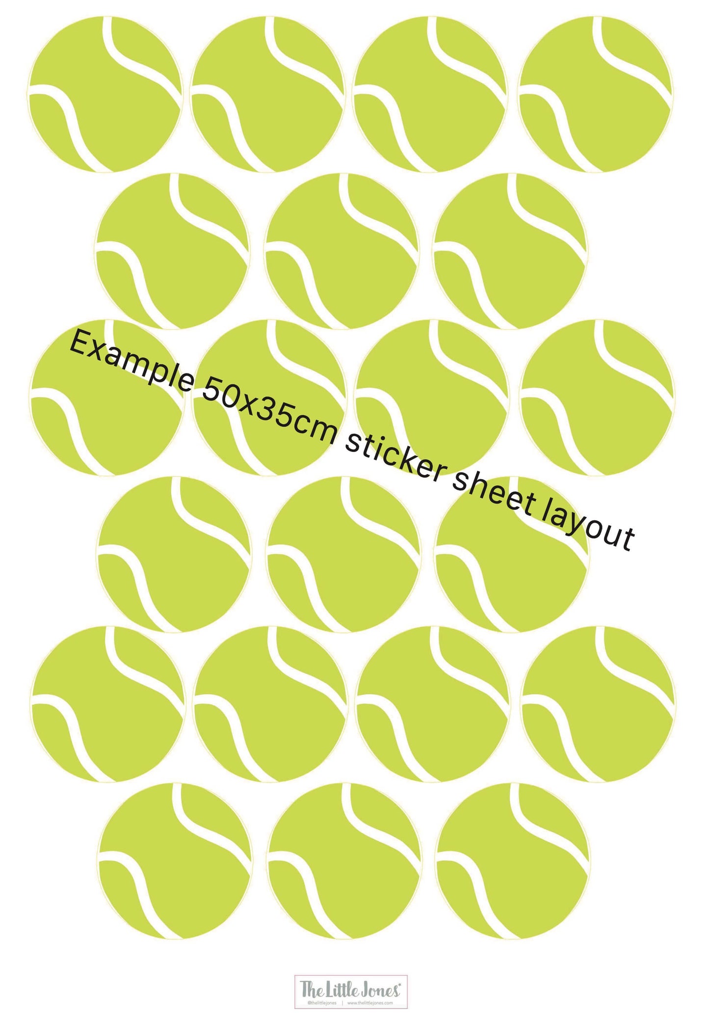Sheet of green tennis ball decals with layout information on a white background