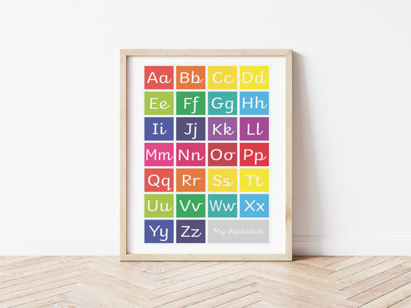 Handwriting Alphabet Print - brights/grey box (no lead-in lines)