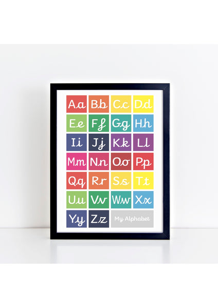 Handwriting Alphabet Print - brights/grey box (with lead-in lines)