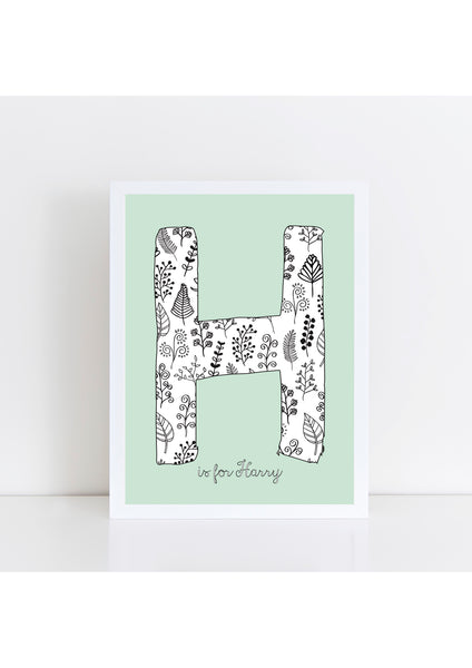 Floral Initial Print - duck egg background