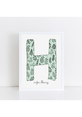 Floral Initial Print - duck egg