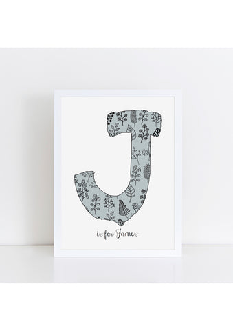 Floral Initial Print - mouse grey