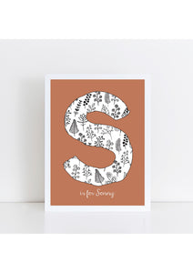 Floral Initial Print - rust background