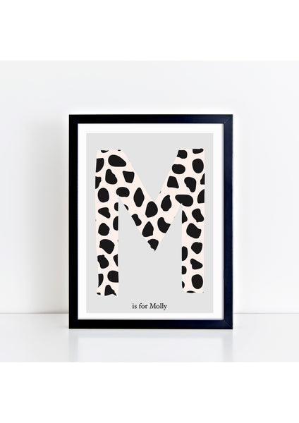 Dalmatian Spot Initial Print - pink/grey background