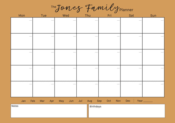 Family Monthly Planner in Mustard - personalised