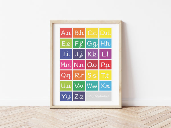 Handwriting Alphabet Print - brights/grey box (with lead-in lines)