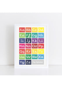 Handwriting Alphabet Print - brights/grey box (with lead-in lines)