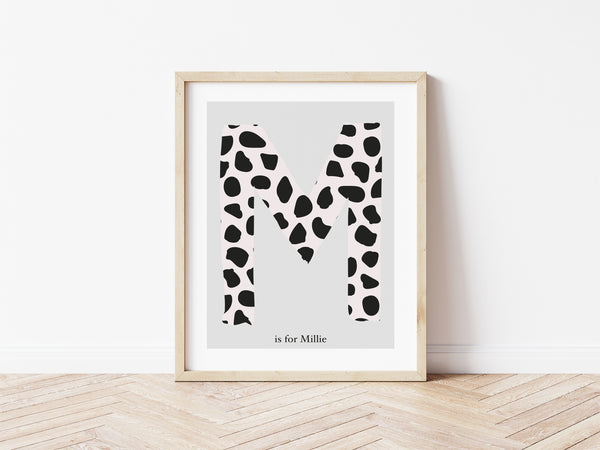 Dalmatian Spot Initial Print - pink/grey background