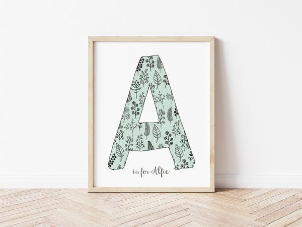 Floral Initial Print - duck egg