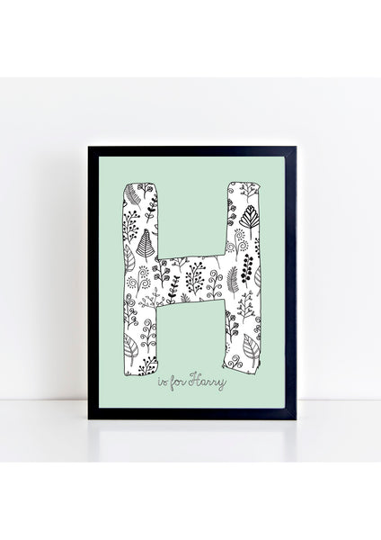 Floral Initial Print - duck egg background