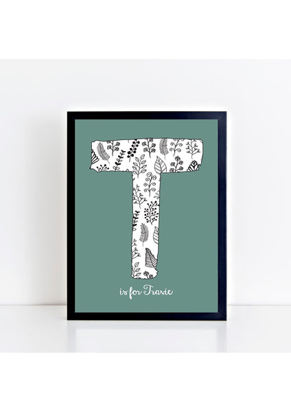 Floral Initial Print - green background