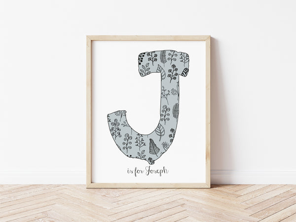 Floral Initial Print - mouse grey