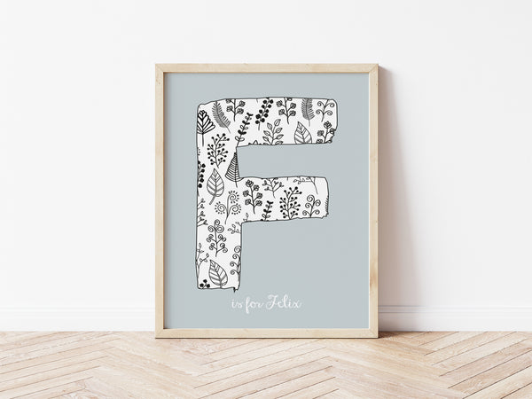 Floral Initial Print - mouse grey background