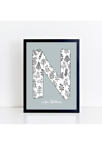 Floral Initial Print - mouse grey background