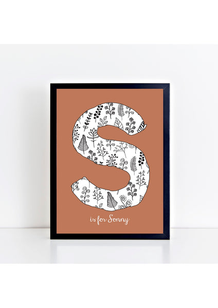 Floral Initial Print - rust background