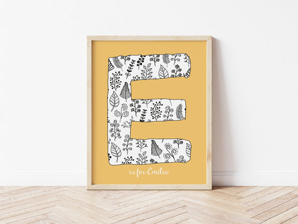 Floral Initial Print - ochre background