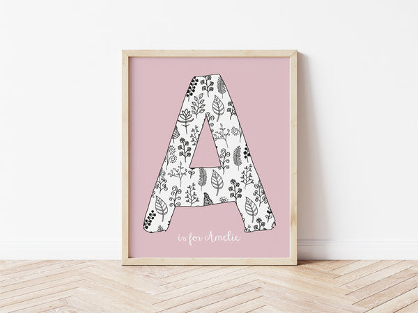 Floral Initial Print - dusky pink background