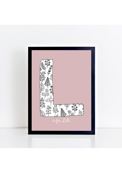 Floral Initial Print - dusky pink background