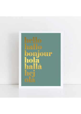 hello hallo -  gold foil on green